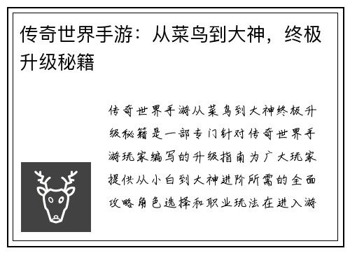 传奇世界手游：从菜鸟到大神，终极升级秘籍